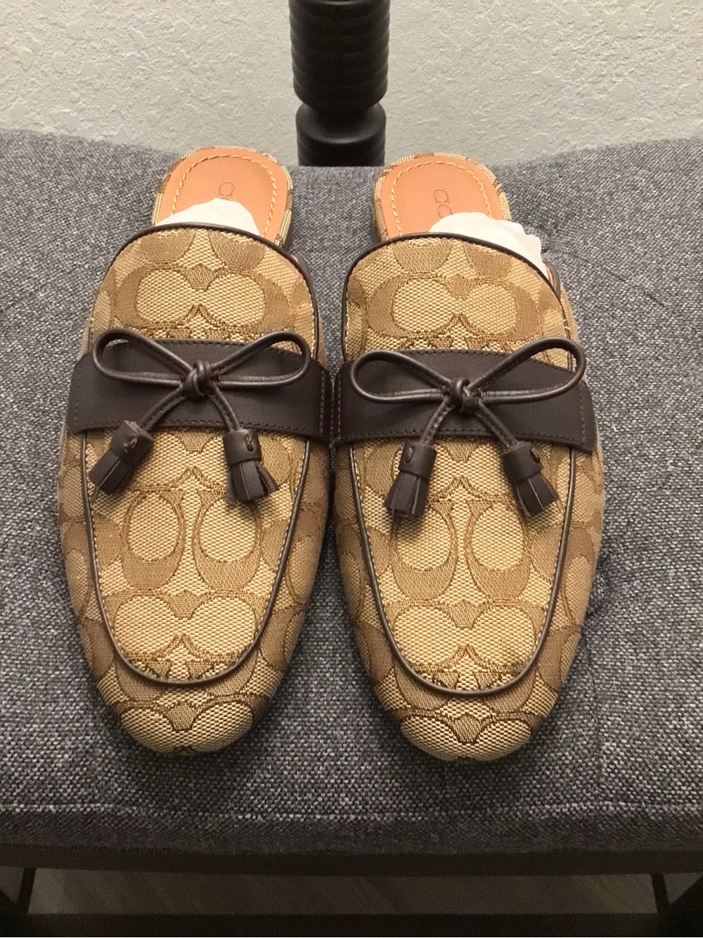 Coach Signature Canvas Tassel Backless Loafers in Tan and Brown